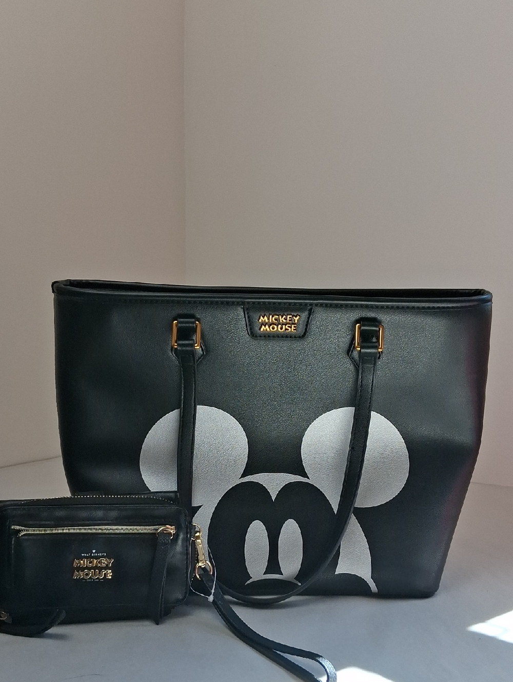 Disney Mickey Mouse Tote With Mickey Mouse Wristlet, Both Black PU Leather